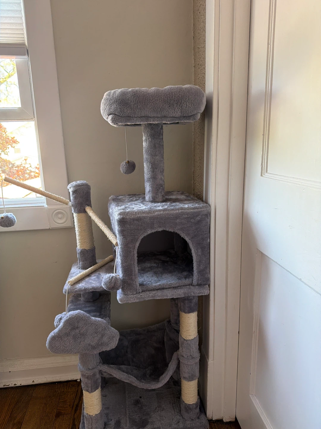 Multi-Level Gray Cat Tree Condo with Hammock and Dangling Toys - photo 2