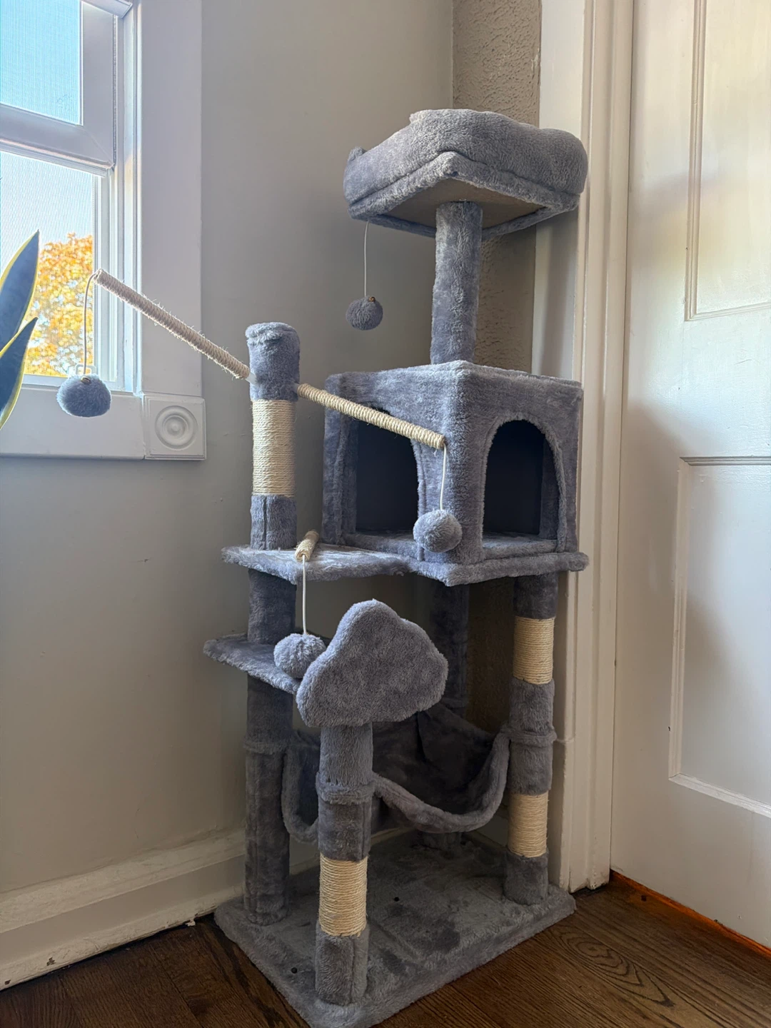 Multi-Level Gray Cat Tree Condo with Hammock and Dangling Toys