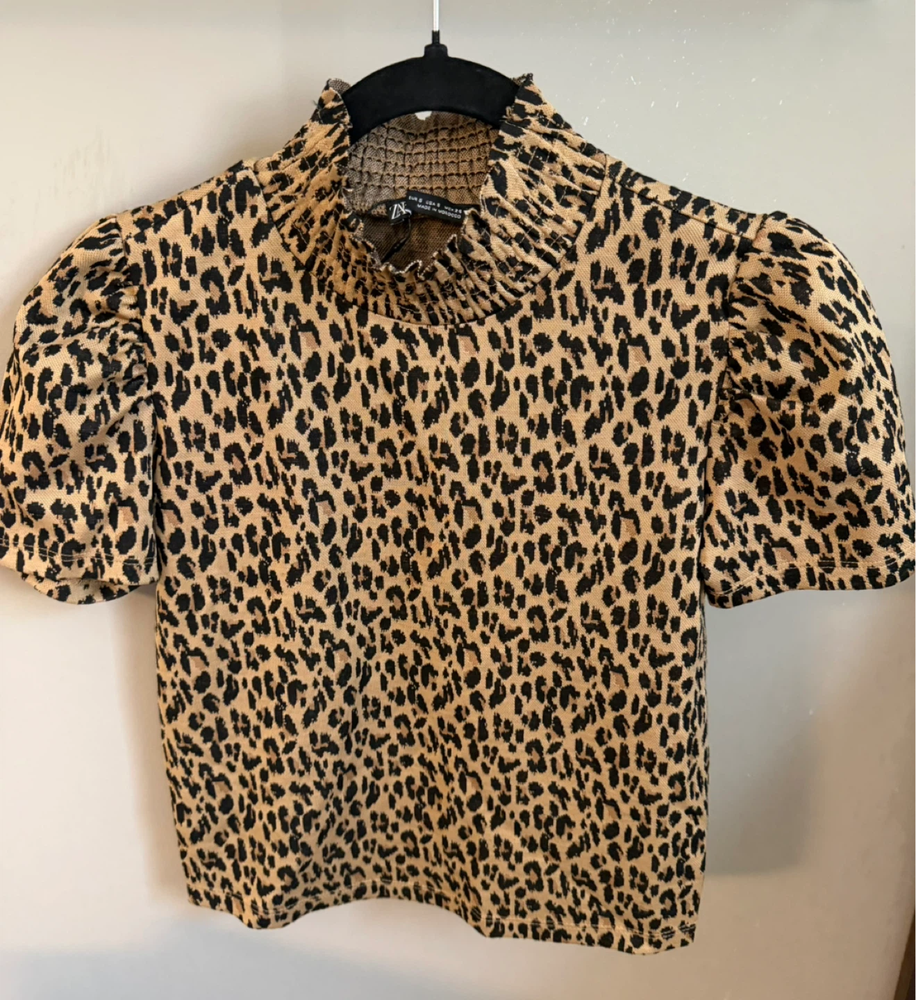 ZARA Leopard Print Puff Sleeve Mock Neck Top