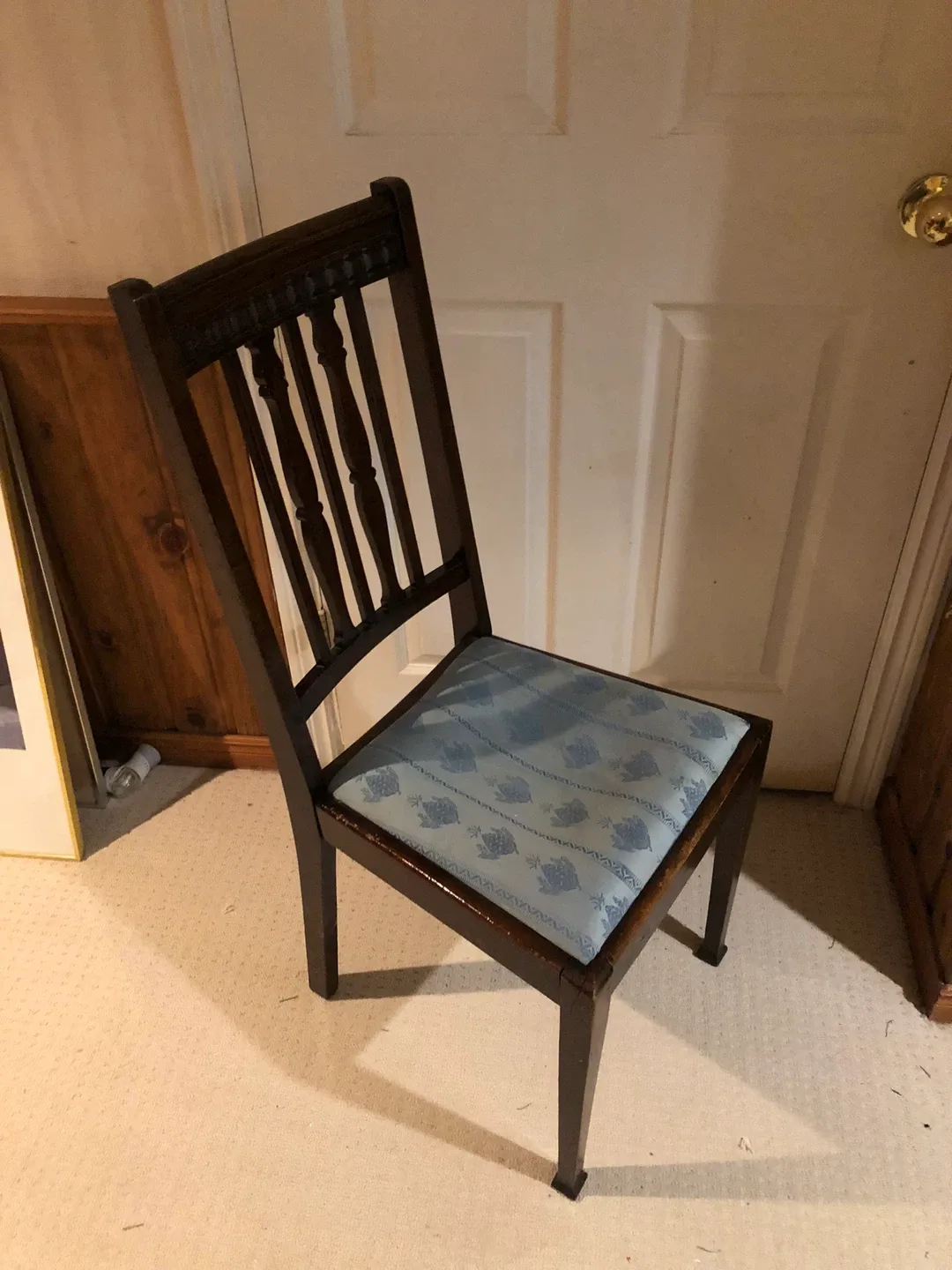 Wooden Dining Chair with Blue Patterned Seat