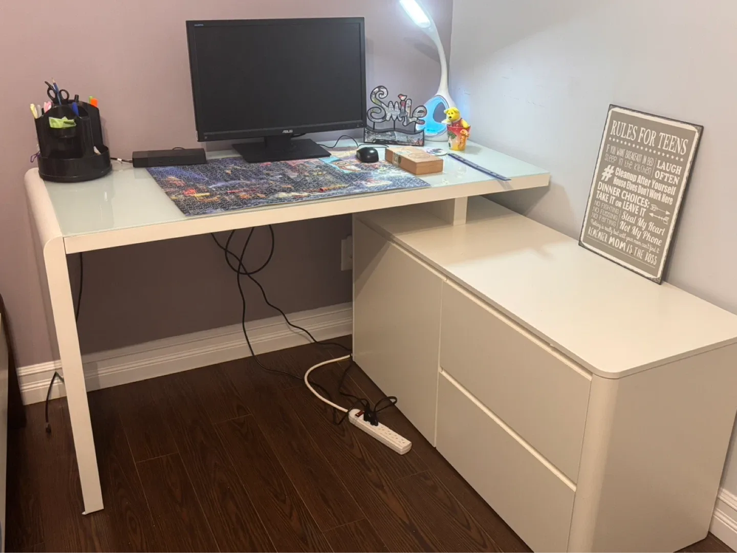 White L-Shaped Desk with Storage Unit