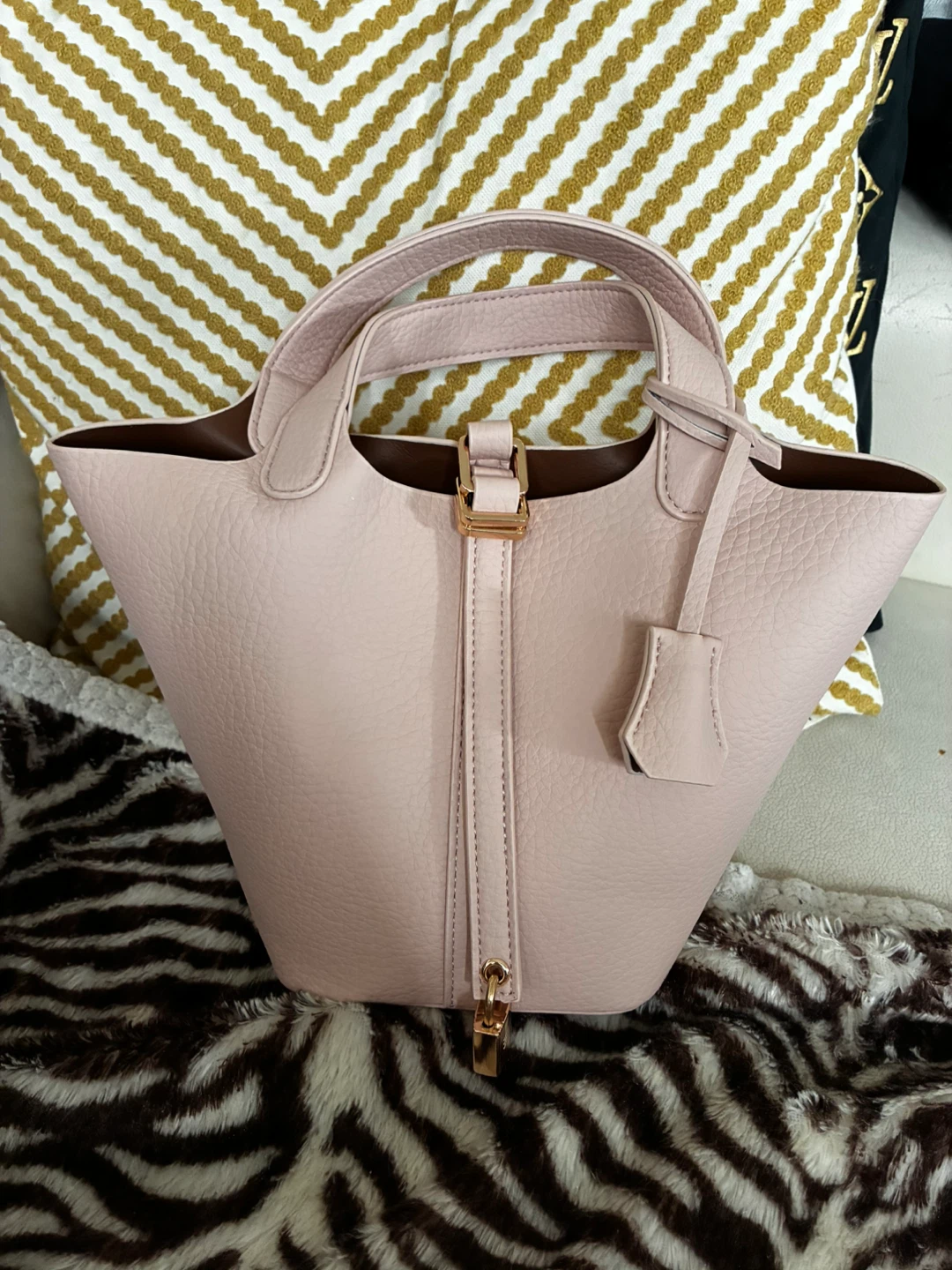 Pink Leather Bucket Bag with Lock Charm