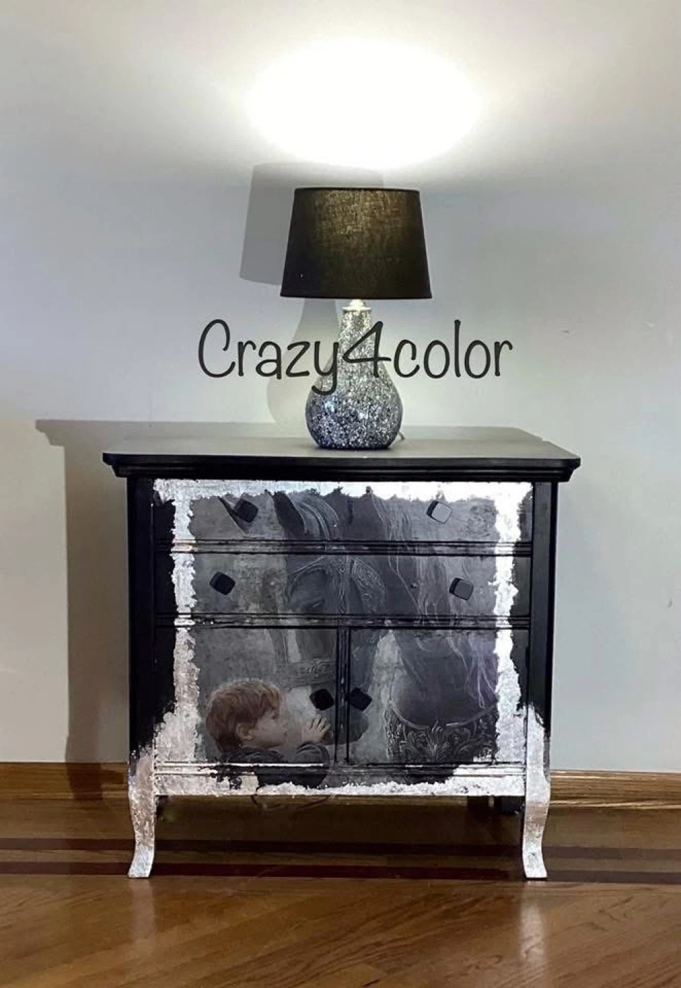 Custom Black and Silver Dresser with Horse and Boy Art