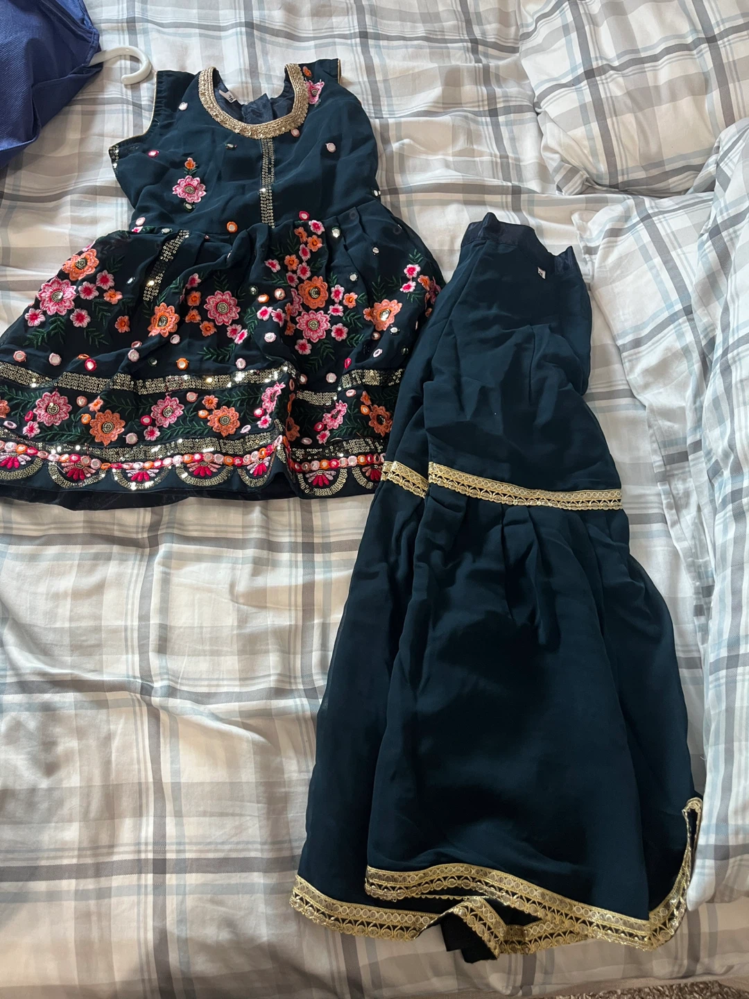 Embroidered Dark Blue Girls Kurti with Pants - photo 2
