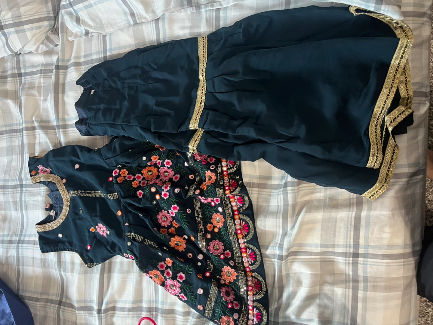 Embroidered Dark Blue Girls Kurti with Pants