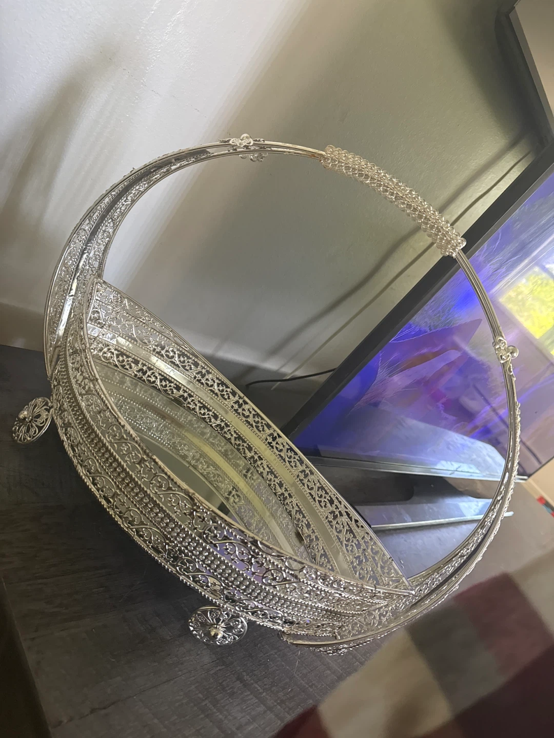 Silver decorative tray with mirrored base and handle - photo 2