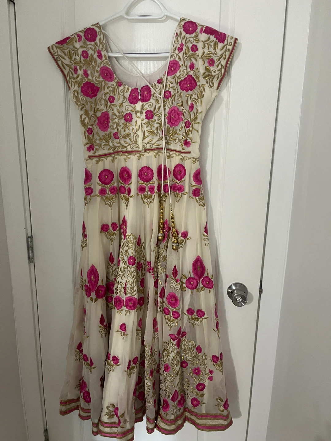 Cream Anarkali Dress with Pink Floral Embroidery