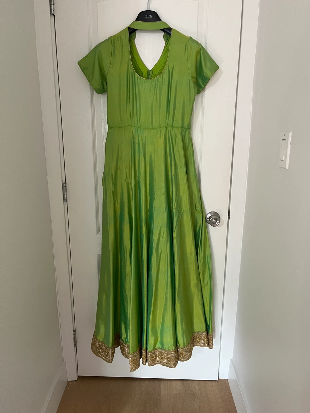 Green Maxi Dress with Gold Trim