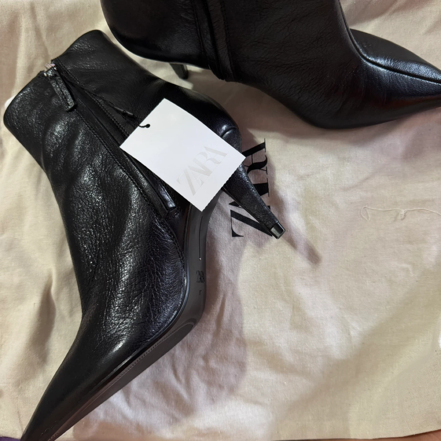 Zara Black Leather Pointed Toe Heeled Ankle Boots - photo 3