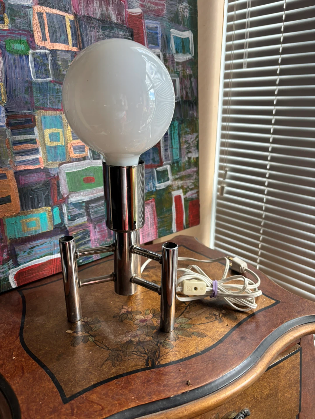 Mid-Century Modern Chrome Table Lamp with White Globe Shade - photo 2