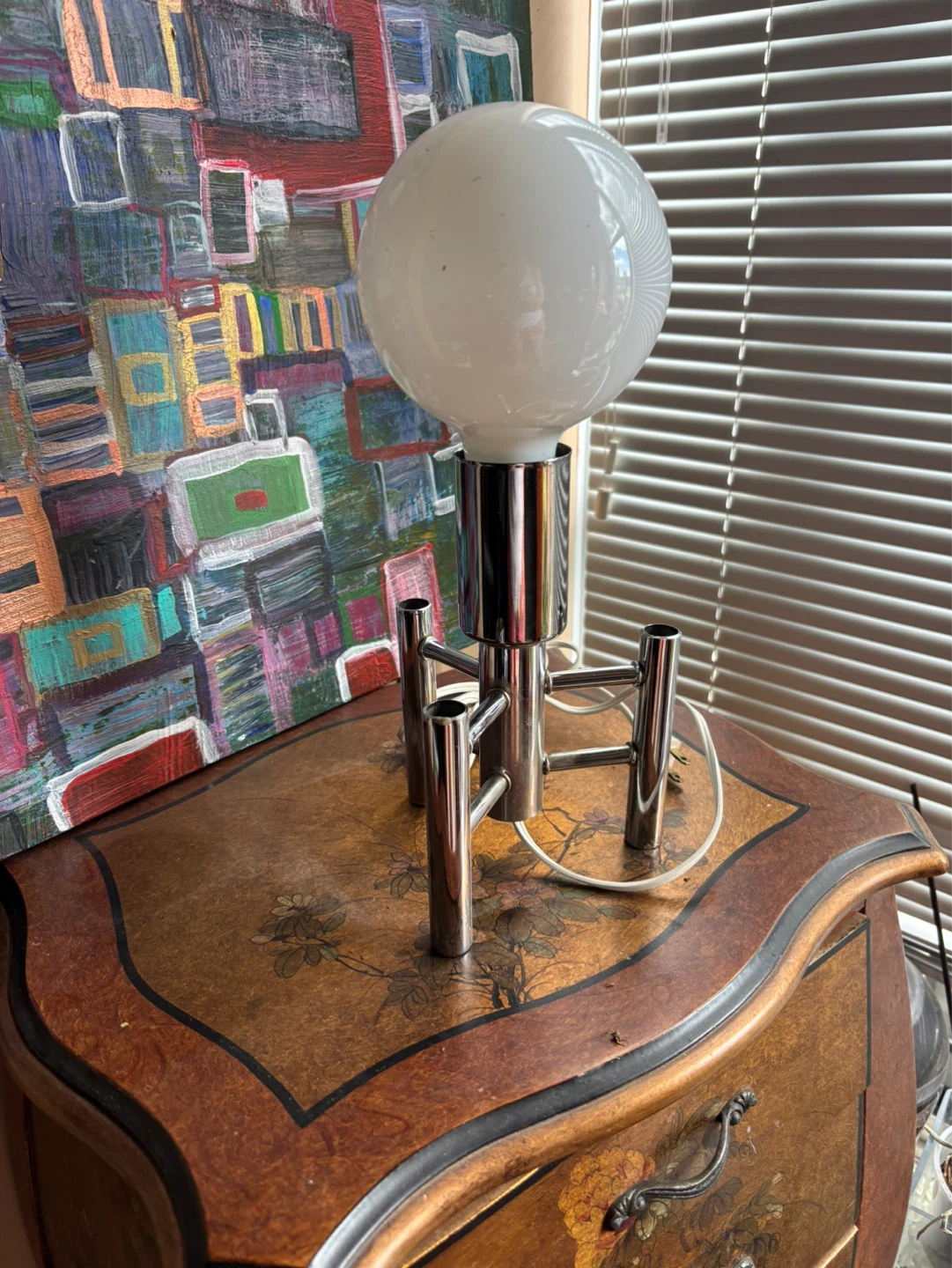 Mid-Century Modern Chrome Table Lamp with White Globe Shade - photo 4