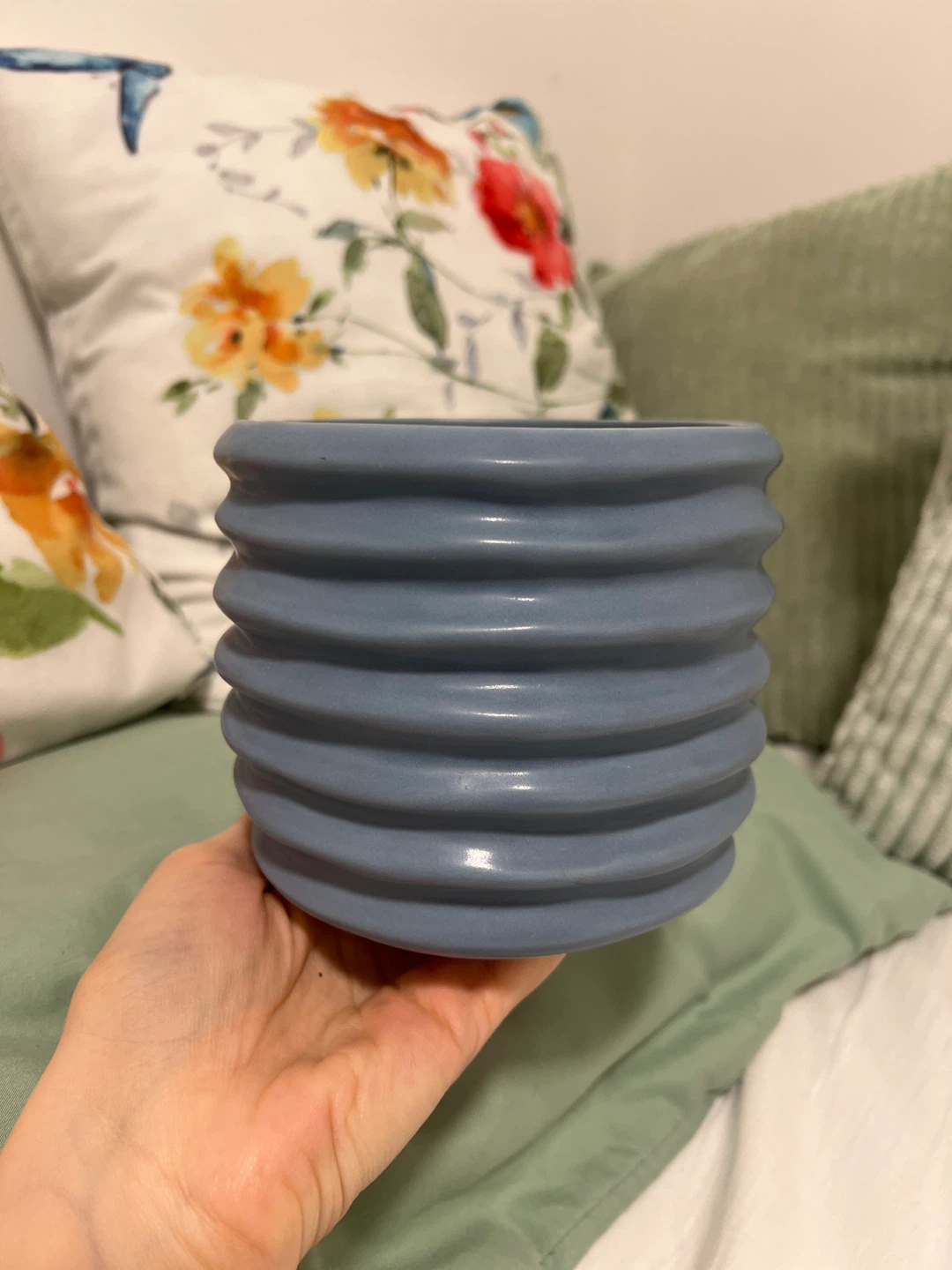 Blue ribbed ceramic planter