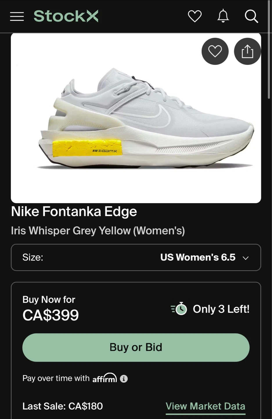 Nike Fontanka Edge Women's US 6.5 Iris Whisper Grey Yellow
