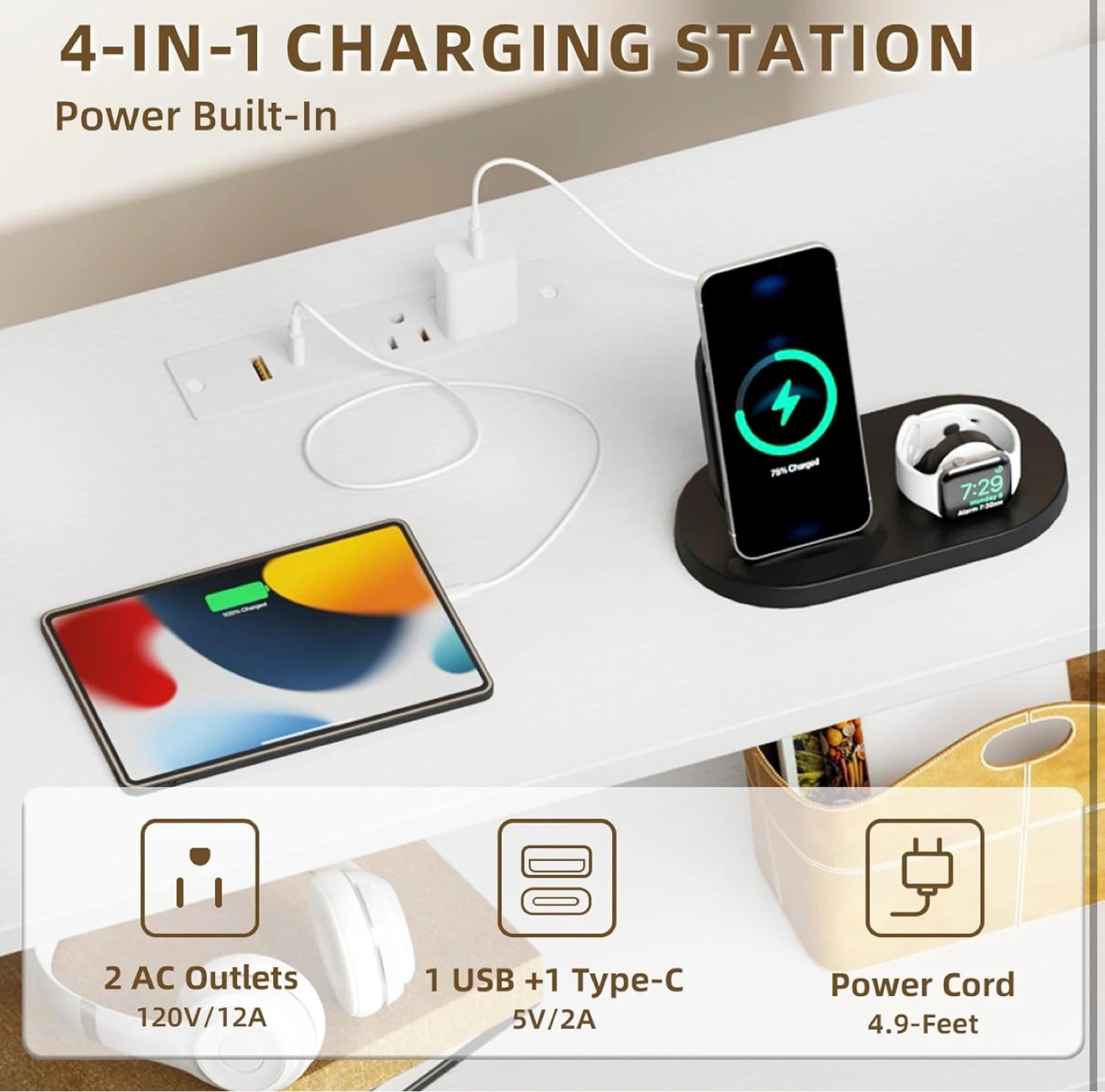 White 8-Drawer Dresser with Charging Station and LED Lights - photo 2