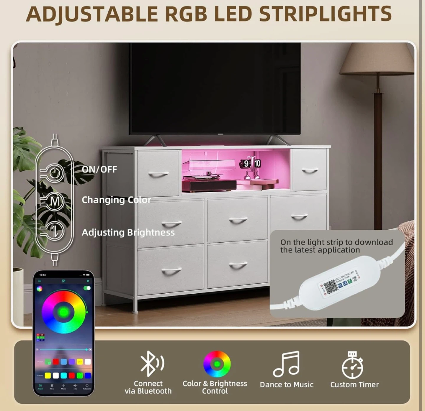 White 8-Drawer Dresser with Charging Station and LED Lights