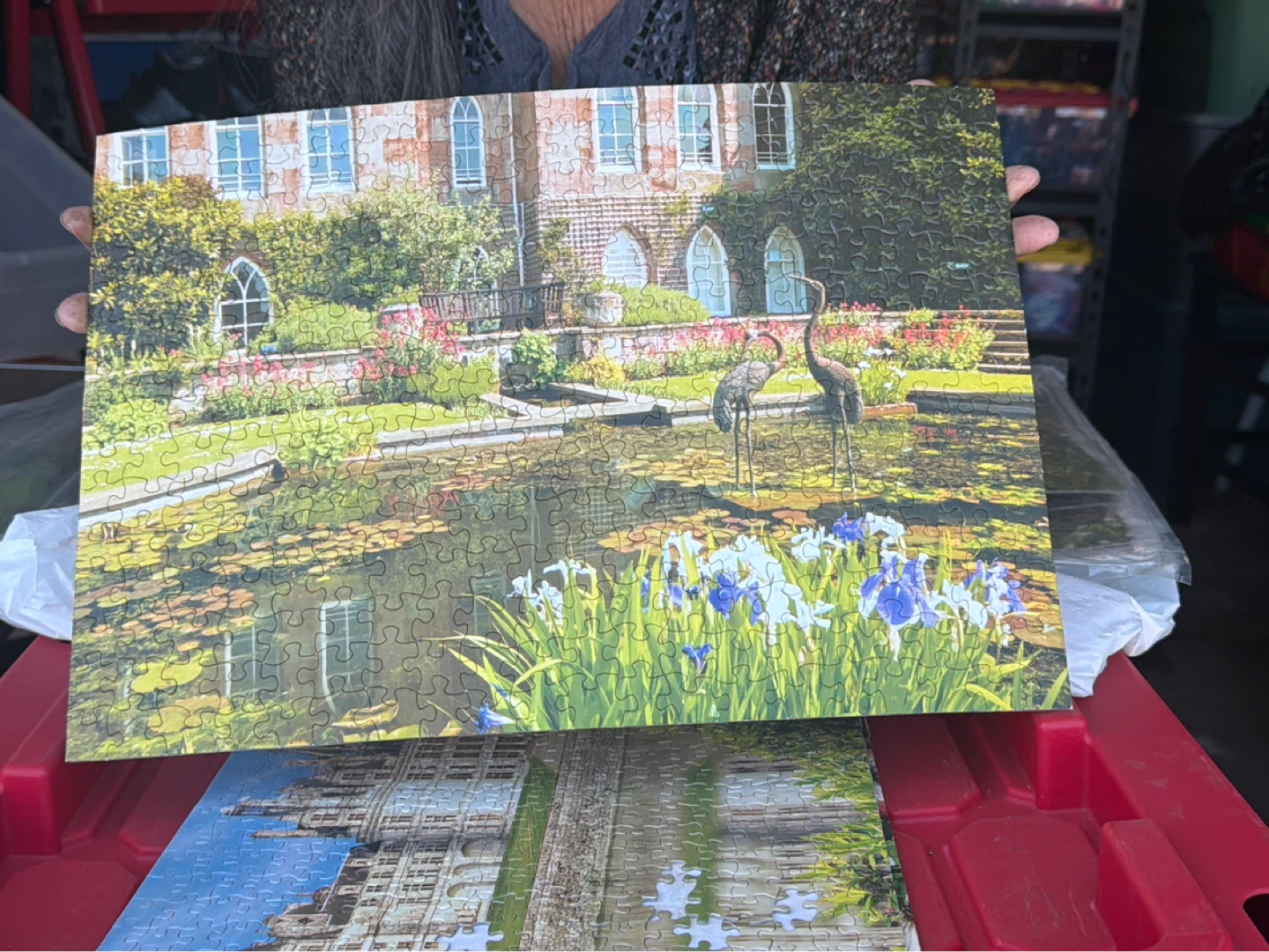 Jigsaw Puzzle - Garden Scene with Cranes and Irises