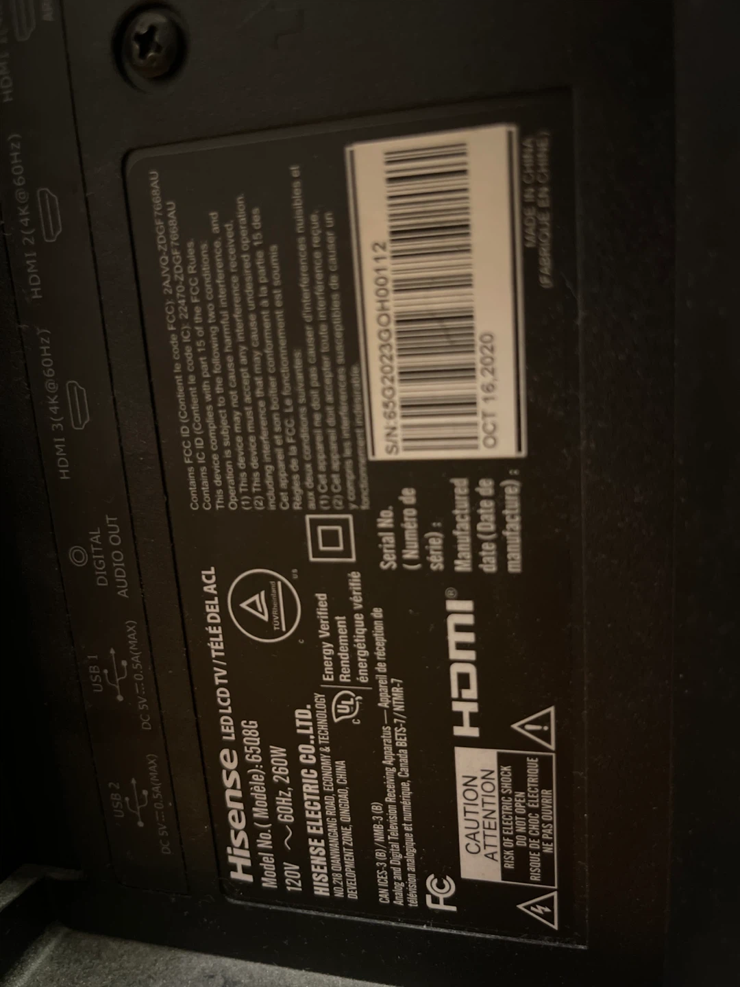 Hisense 50" LED LCD TV (Model: 6508G) - Damaged Screen