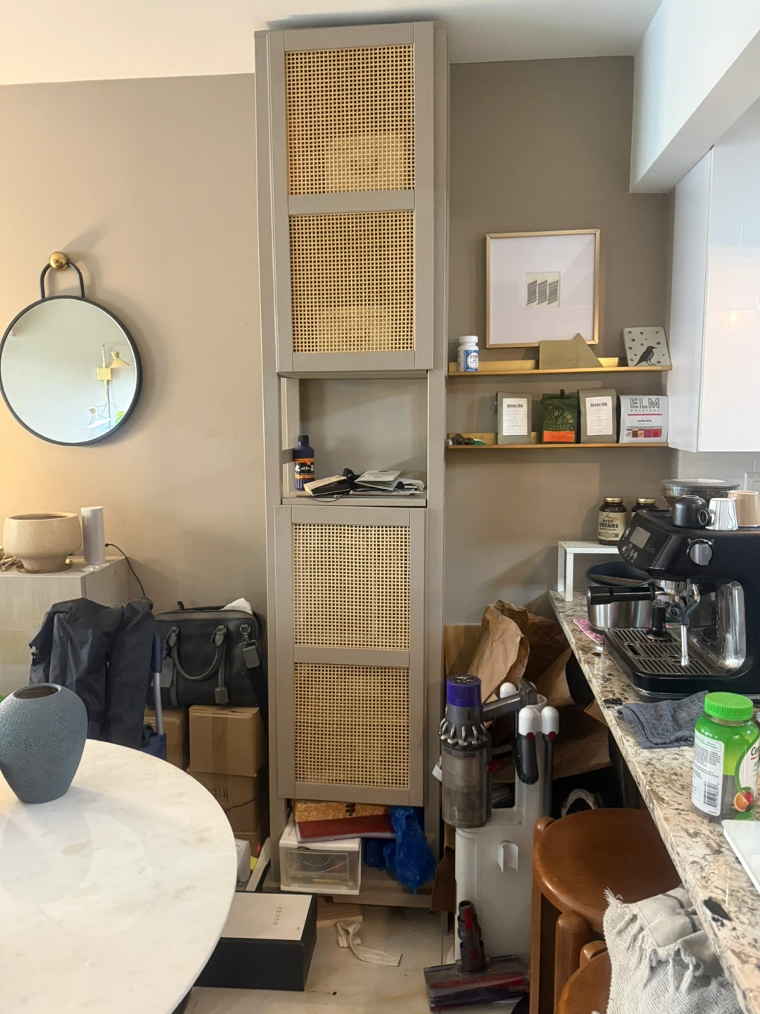 Tall corner Storage Cabinet with Rattan Doors