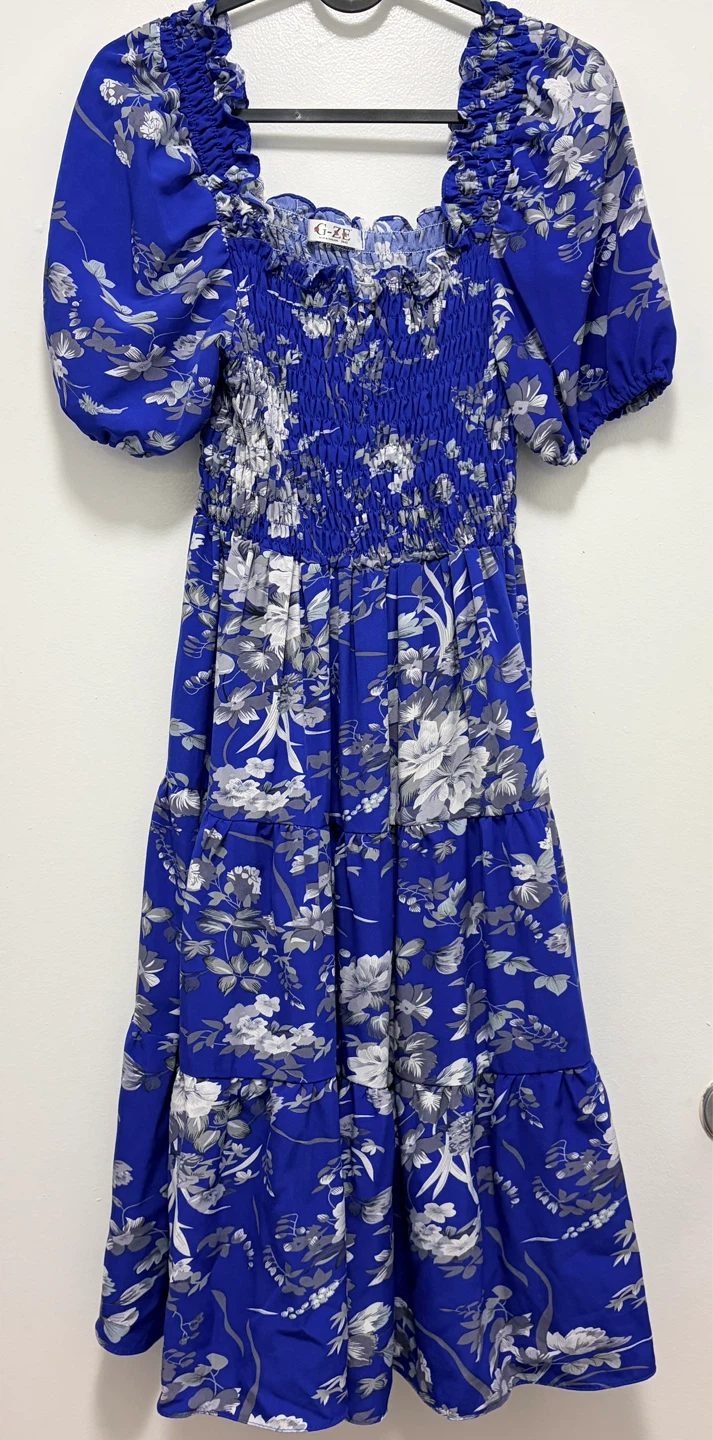 Blue Floral Puff Sleeve Smocked Dress - photo 2