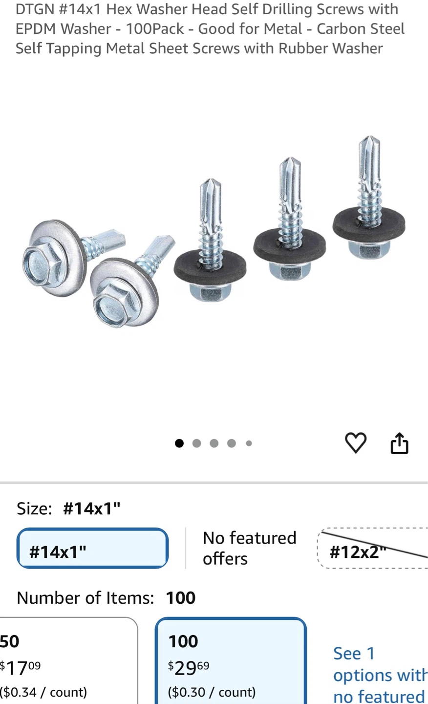 DTGN Hex Washer Head Self Tapping Screws #14x1" Carbon Steel - photo 2