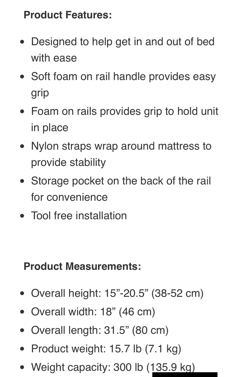 PCP Medical 6085 Bed Rail with Safety Straps and Storage Pocket - photo 5