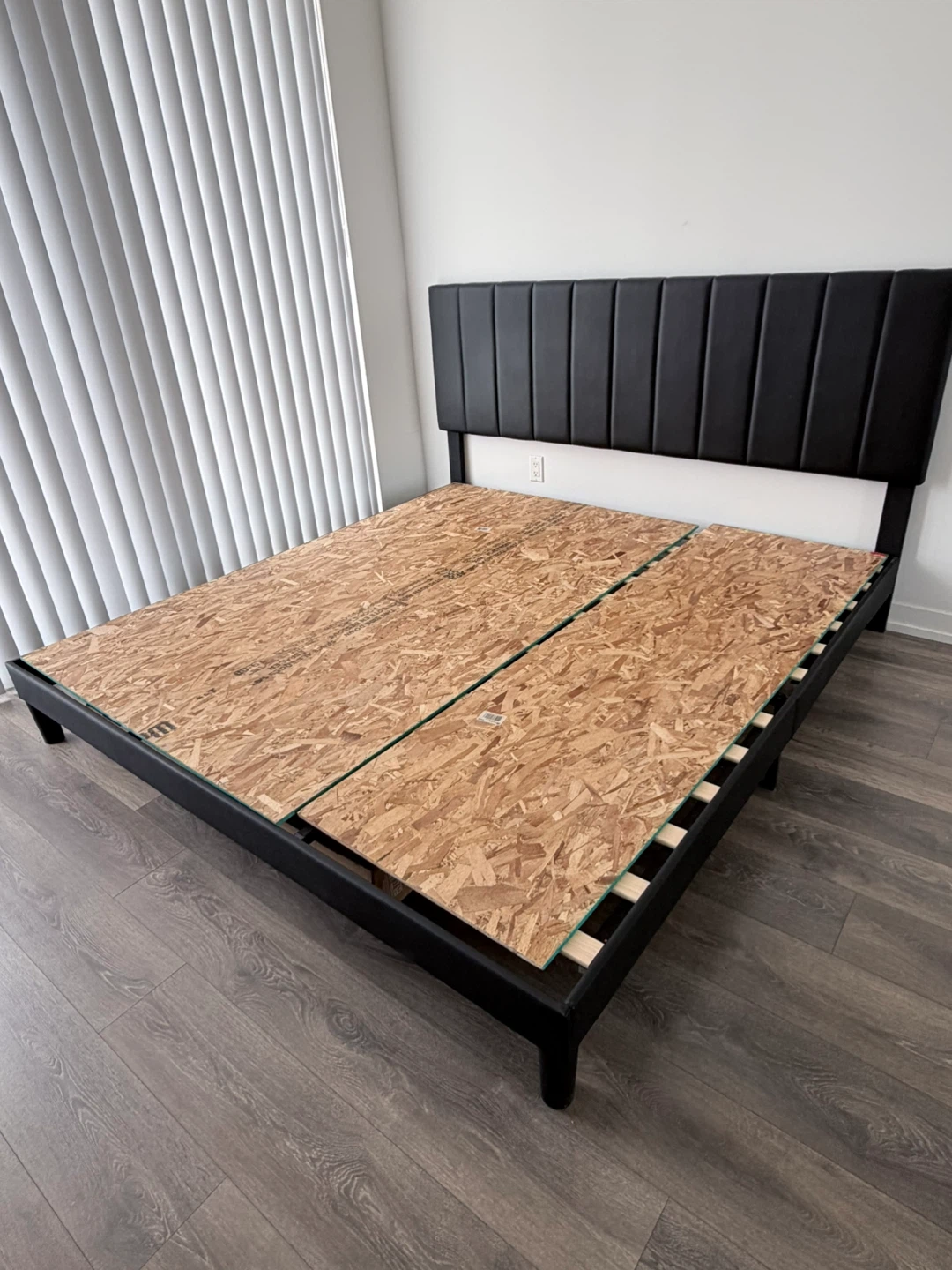 Black Upholstered Headboard Bed Frame with Wood Slats