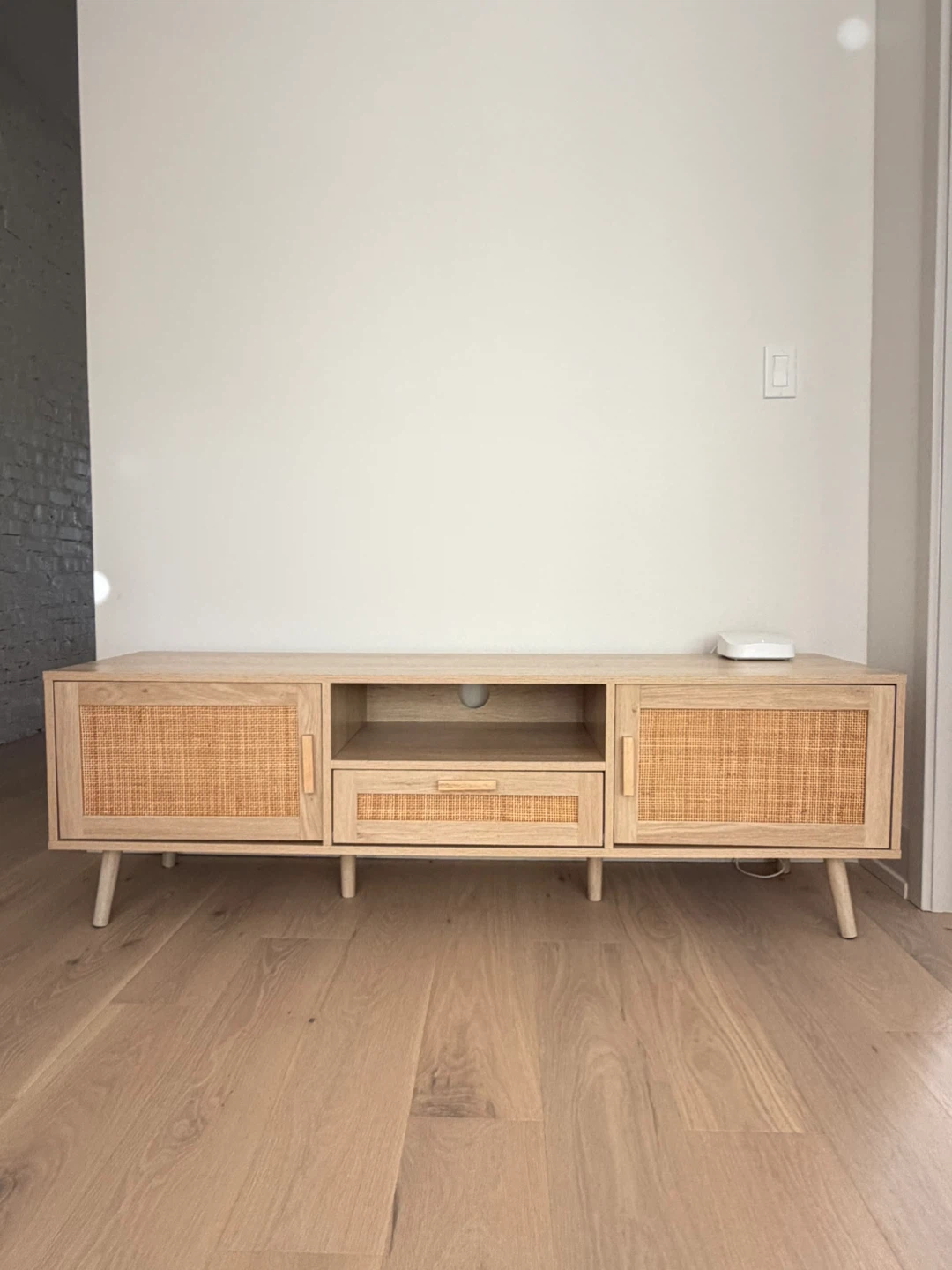Mid-Century Rattan TV Console — Natural Oak