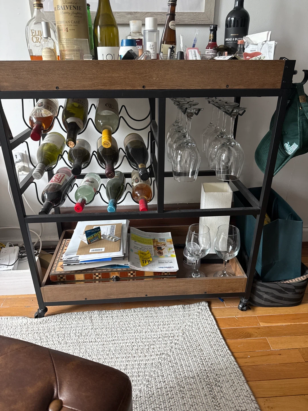 BAR - Industrial Style Bar Cart with Wine Rack and Glass Holders
