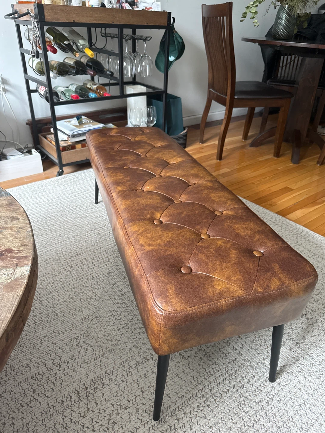 Tufted Faux Leather Bench - Brown