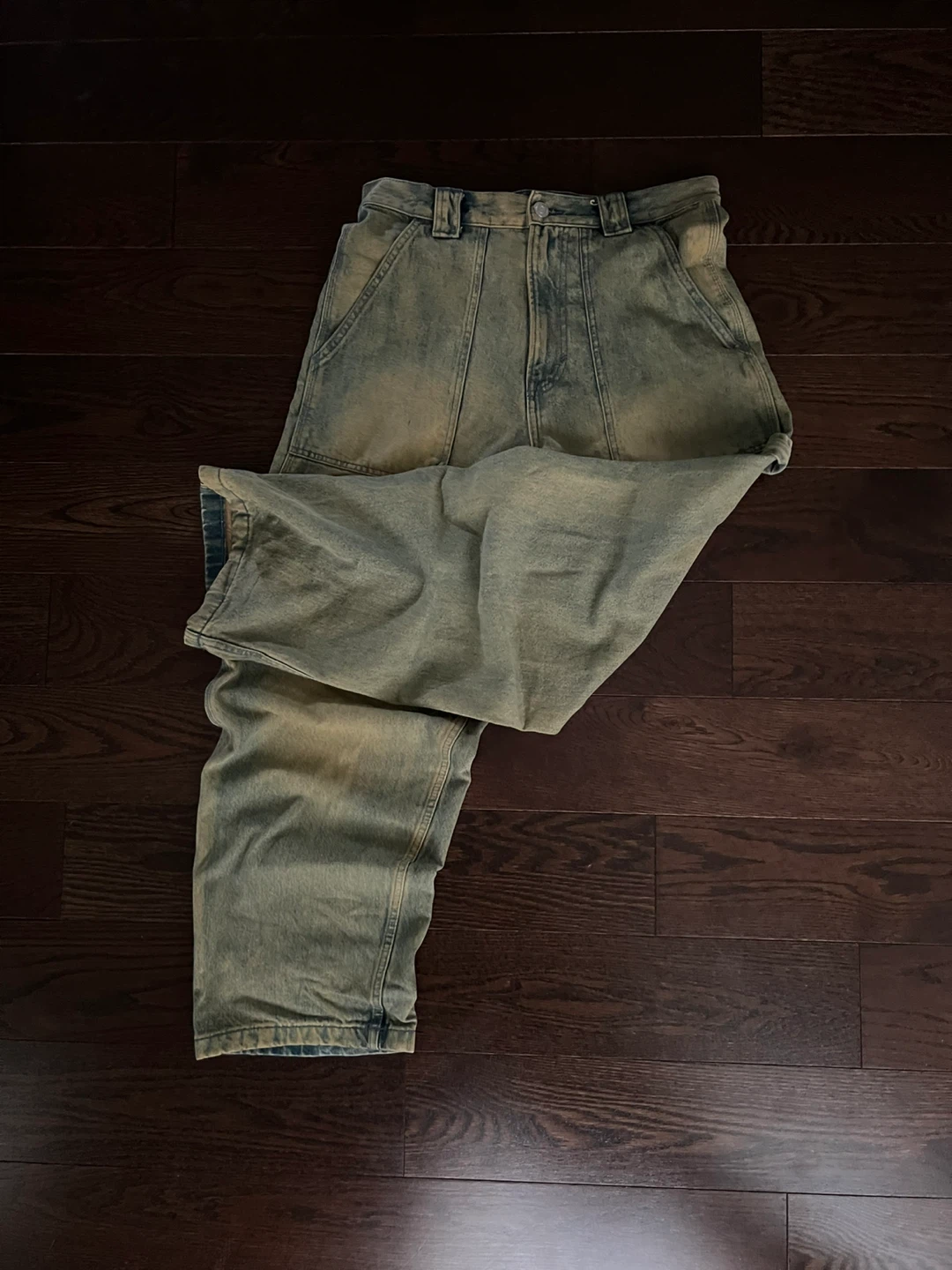 Distressed Y2K Vintage Wash Baggy Denim - Faded Green/Brown - photo 5