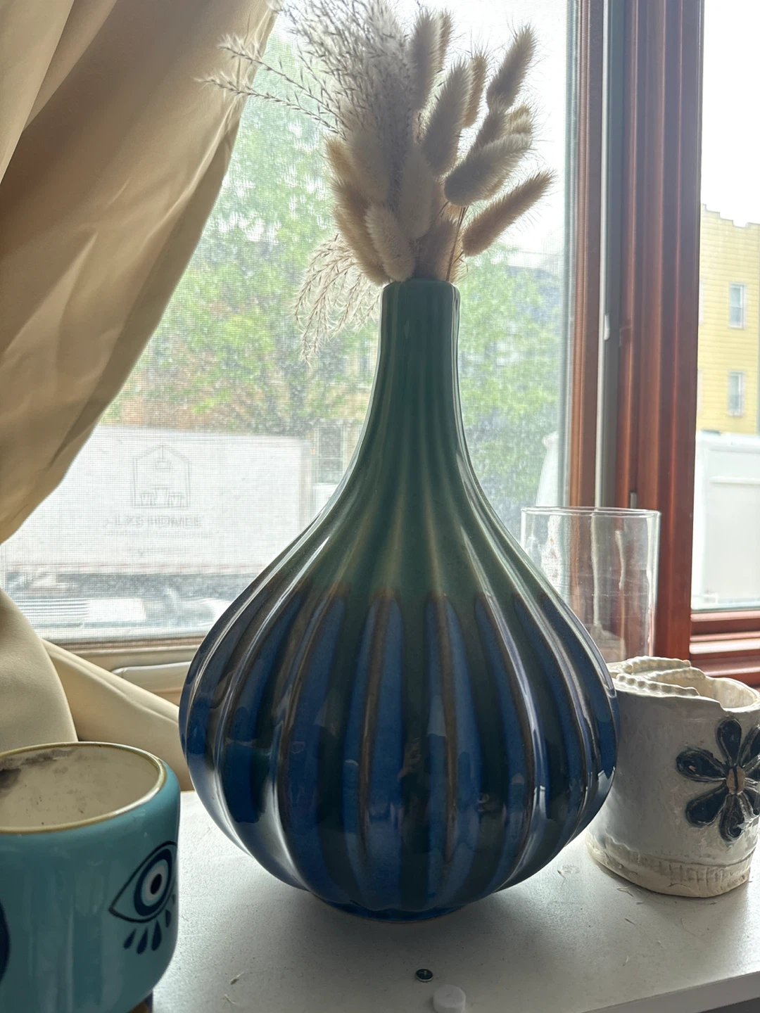 Blue and Green Fluted Ceramic Vase