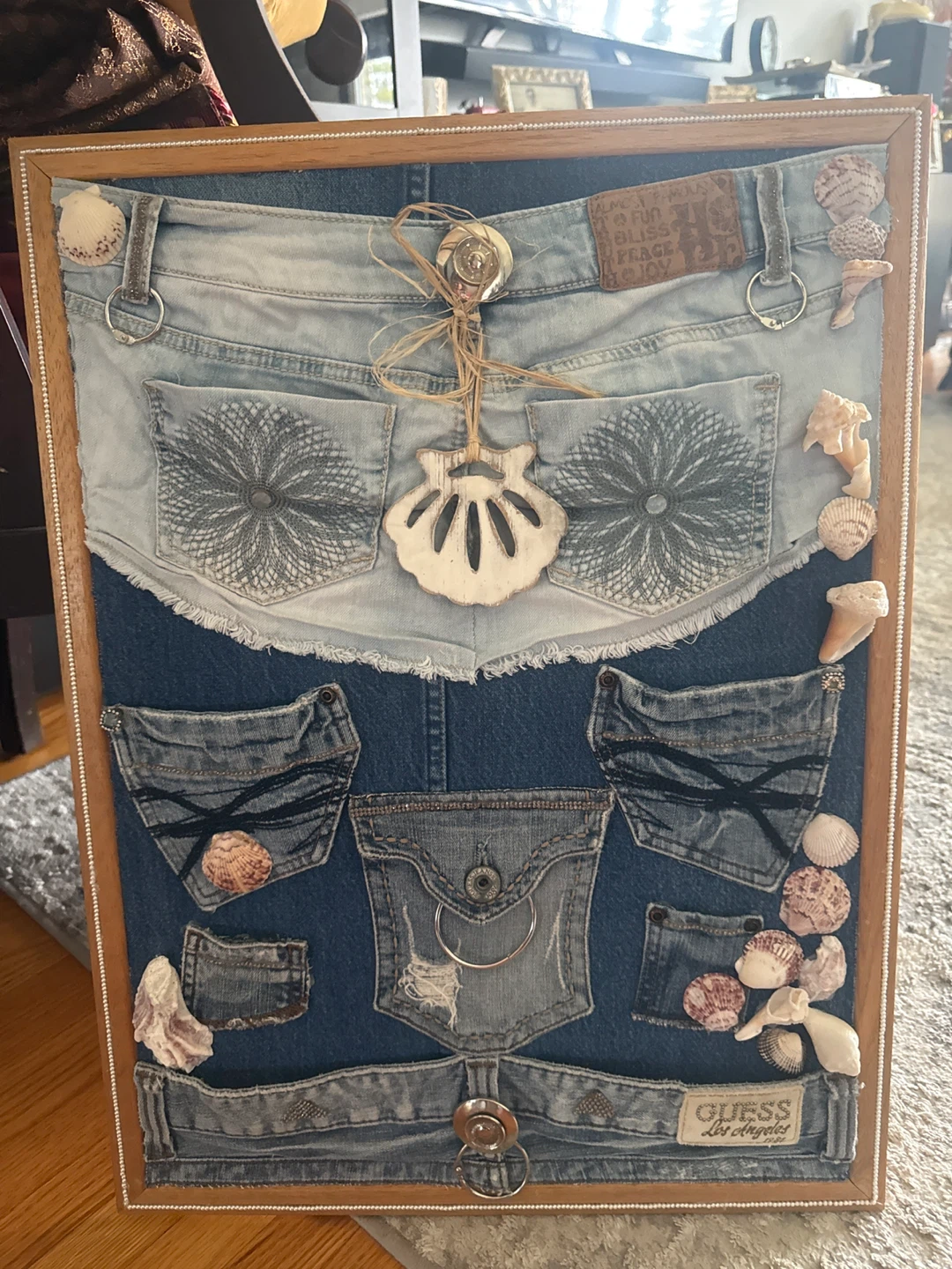 Wall Hanging Denim Organizer with Seashells