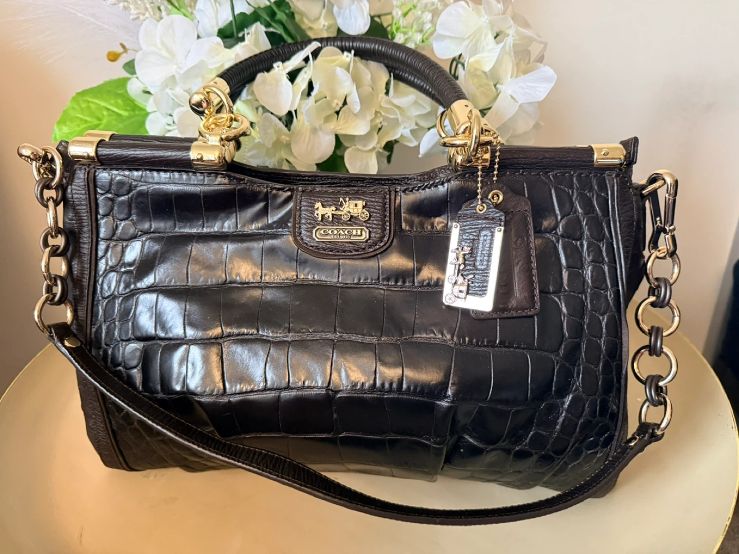 Coach Brown Crocodile Embossed Leather Satchel Handbag