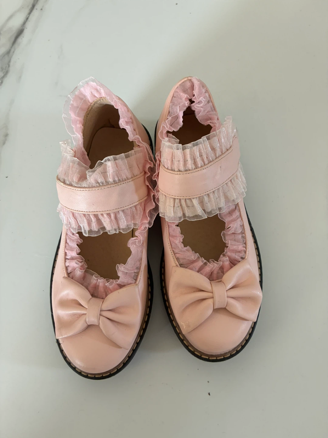 Pink Mary Jane Shoes with Bows and Ruffles