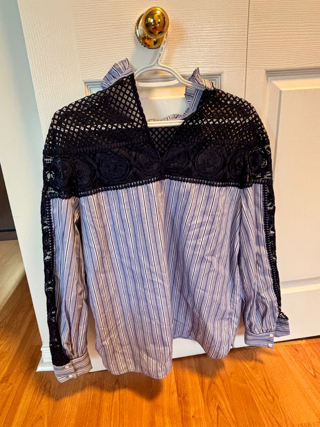 Sandro Paris Clematite Striped Lace-Inset Top - Size Large - photo 4
