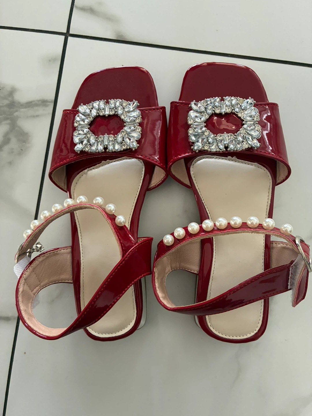 Red Patent Sandals with Pearls and Rhinestones - Size 35