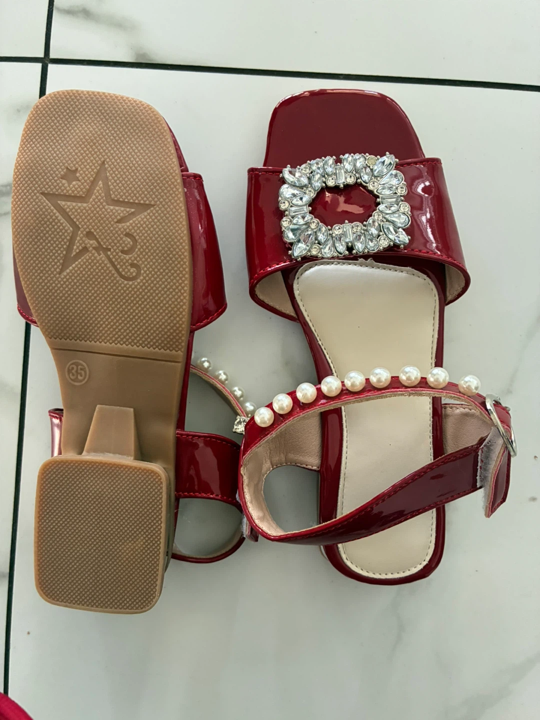Red Patent Sandals with Pearls and Rhinestones - Size 35 - photo 2