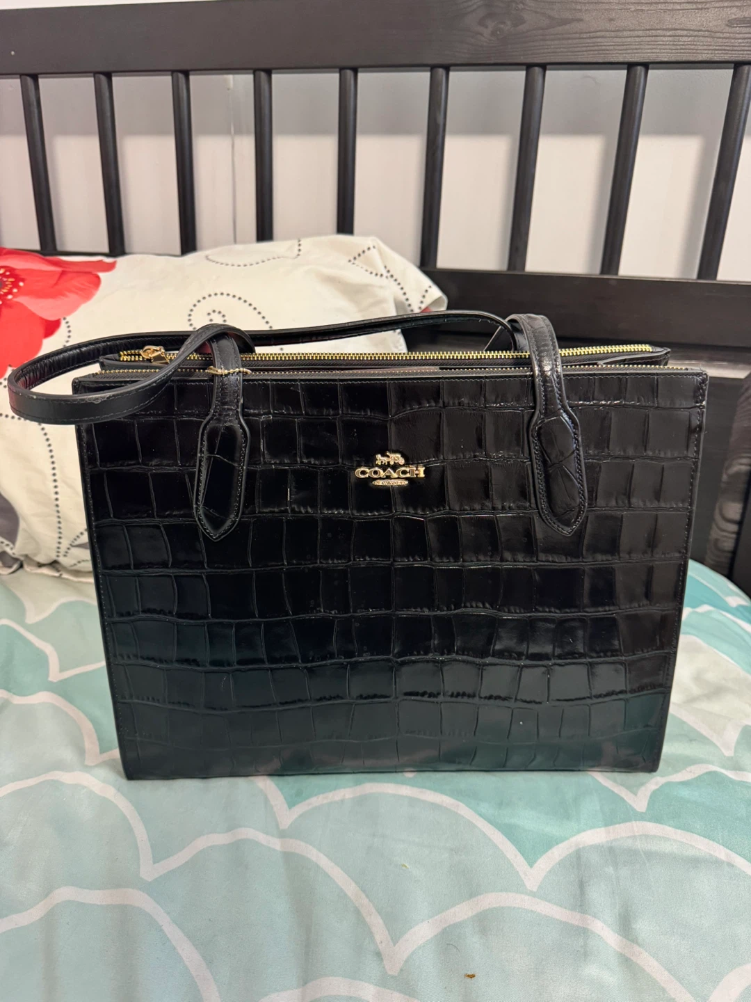 COACH Black Croc Embossed Tote Bag