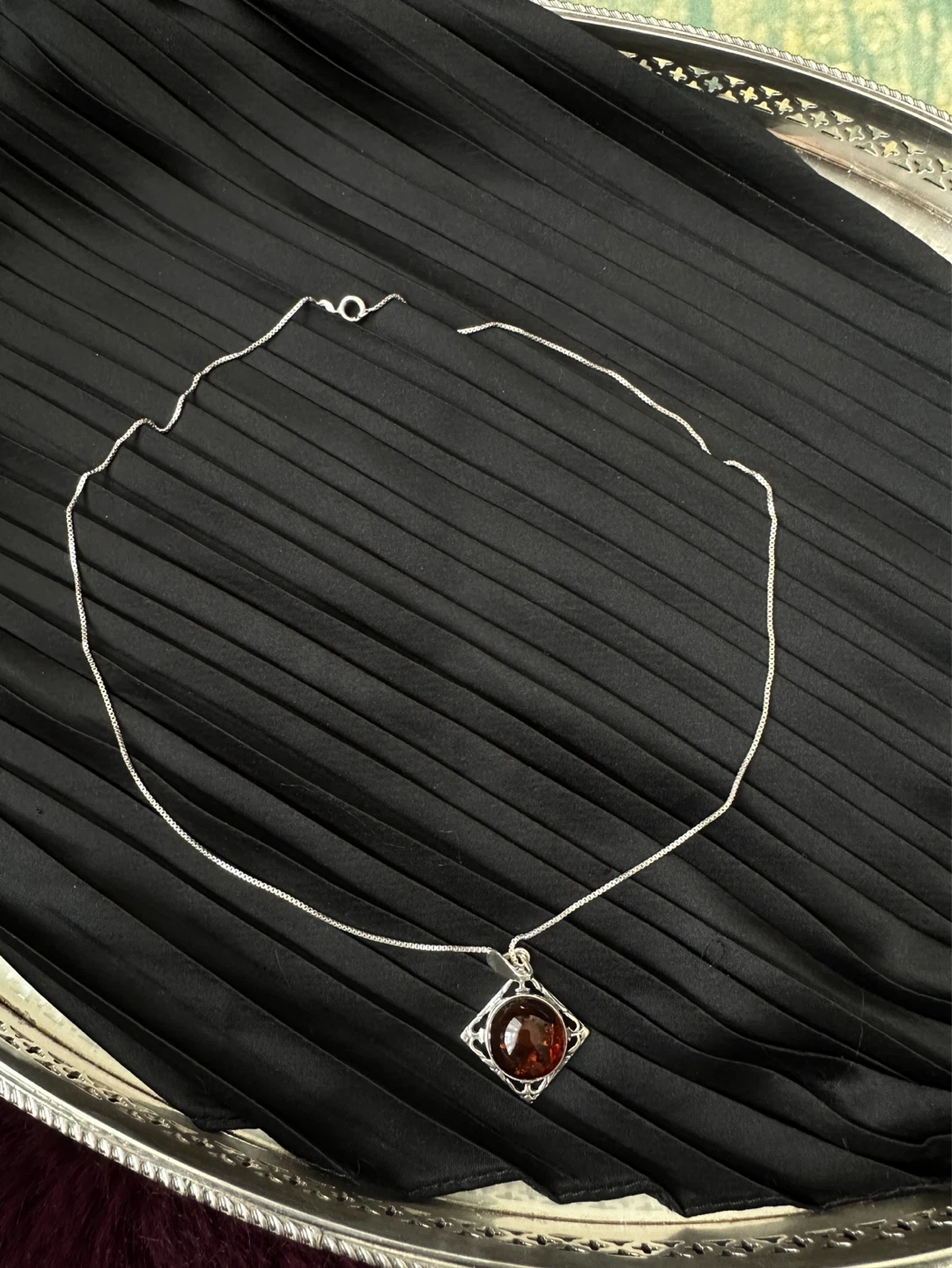 Amber and 925 Silver Pendant Necklace