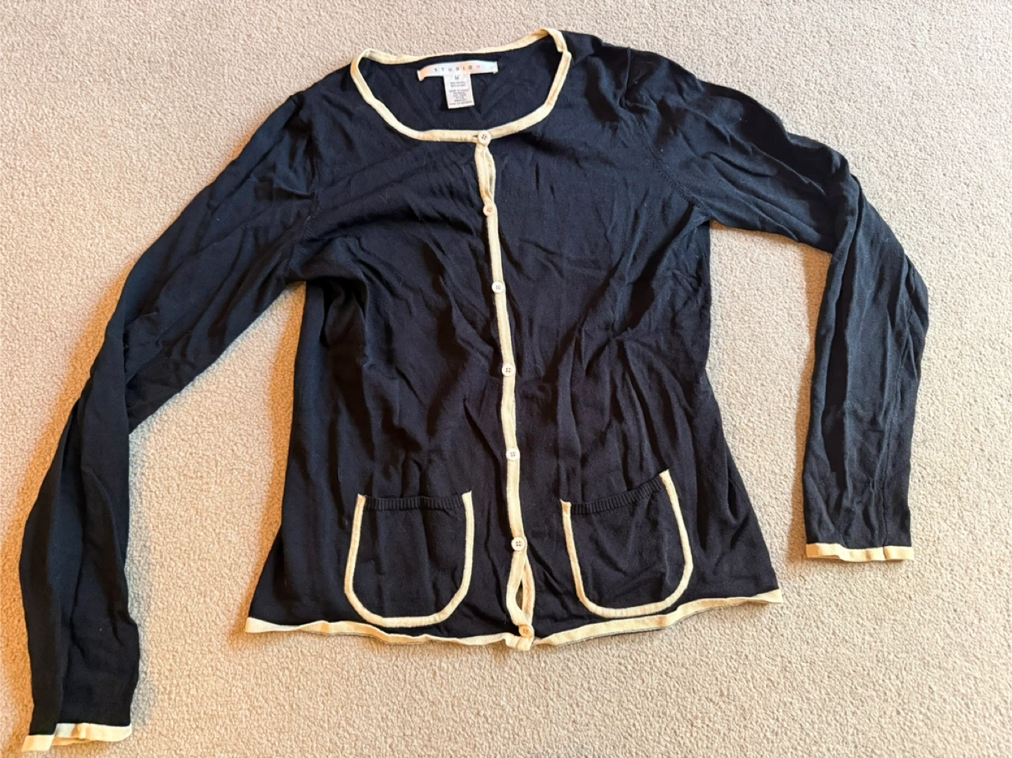 Black Cardigan with Cream Trim - Size Medium