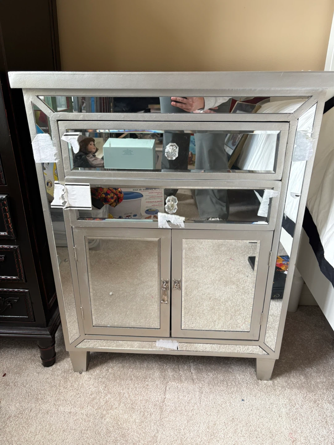 Mirrored Nightstand with Two Drawers and Cabinet