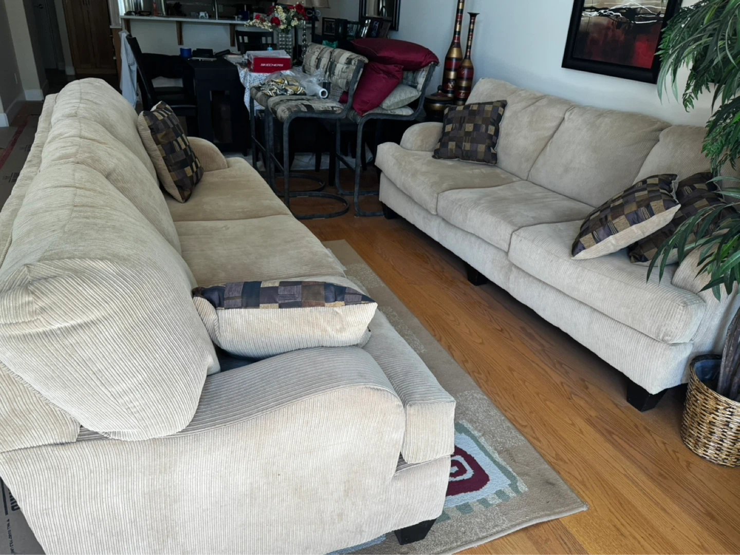 2 Comfortable Beige Corduroy Sofa with  Accent Pillows