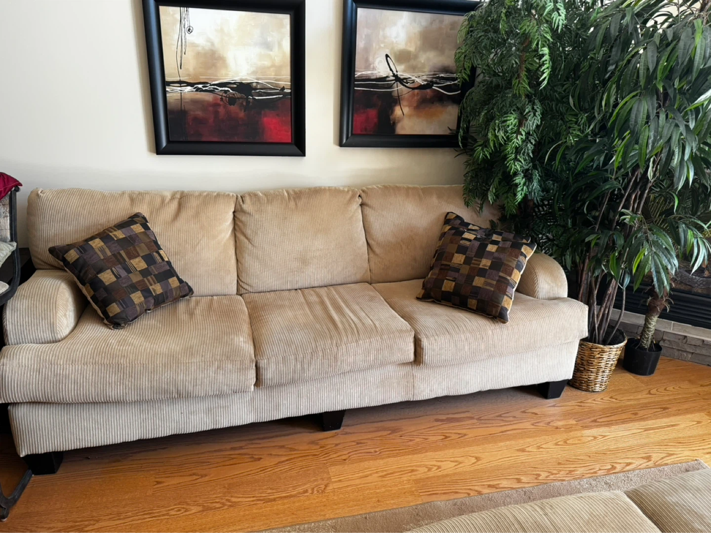 2 Comfortable Beige Corduroy Sofa with  Accent Pillows - photo 3