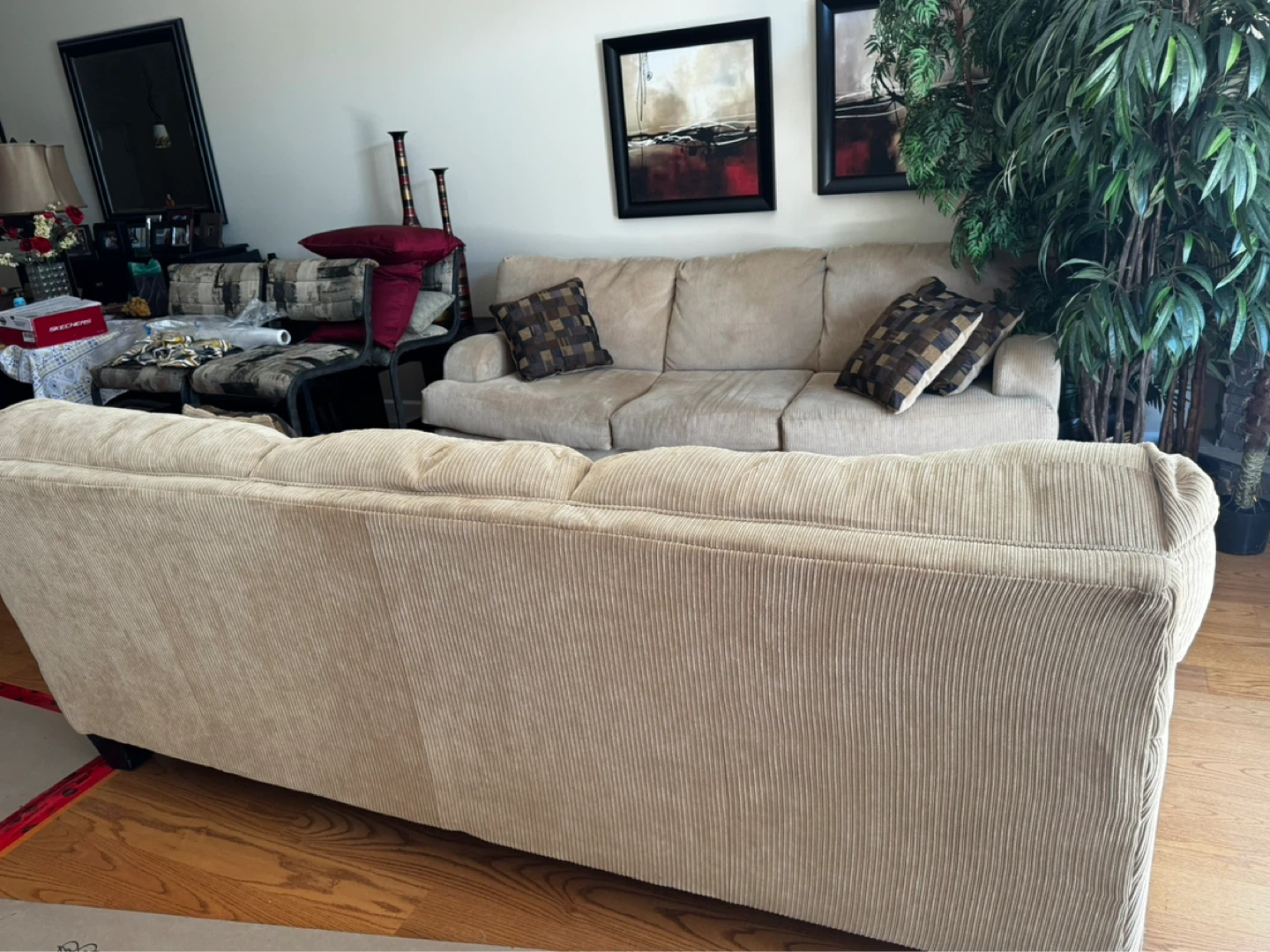 2 Comfortable Beige Corduroy Sofa with  Accent Pillows - photo 2
