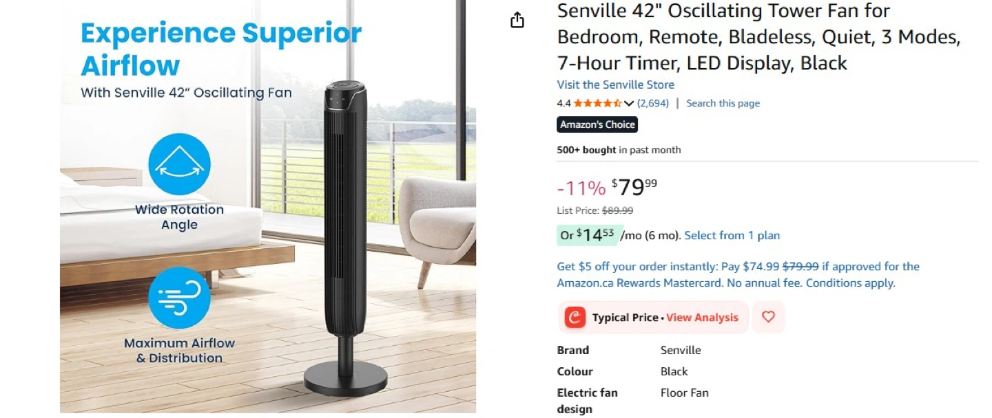 Senville 42" Oscillating Tower Fan - Black - photo 3