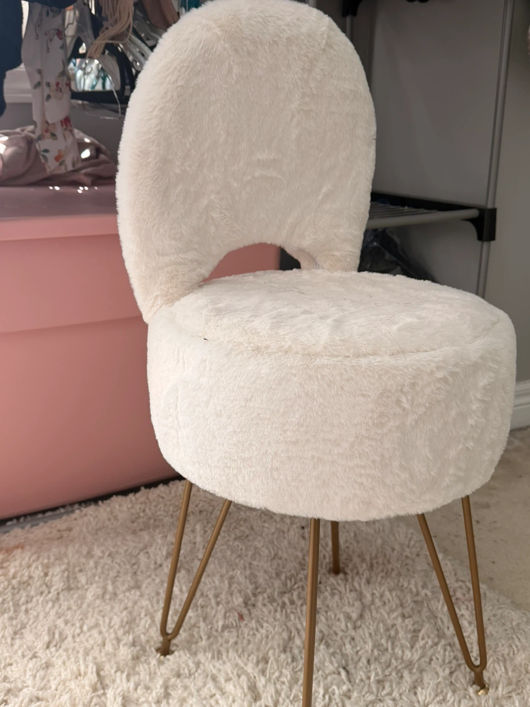 Fluffy White Vanity Stool with Storage