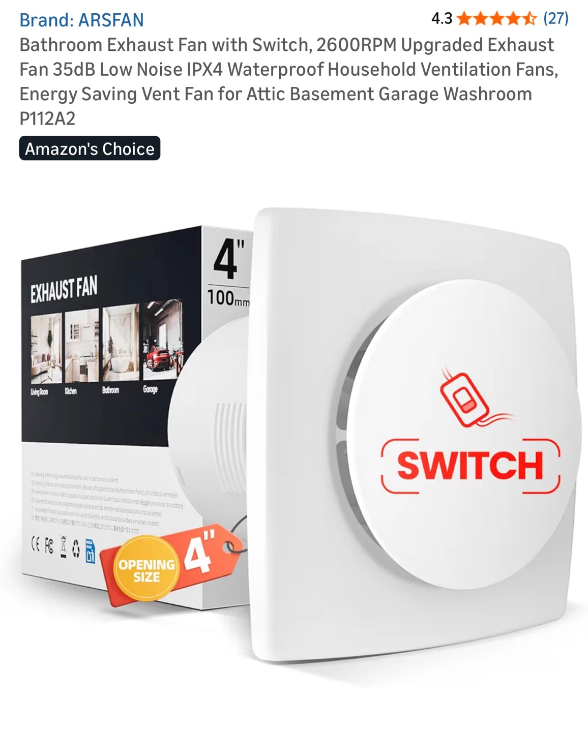 ARSFAN Bathroom Exhaust Fan 4 Inch 35dB Low Noise IPX4