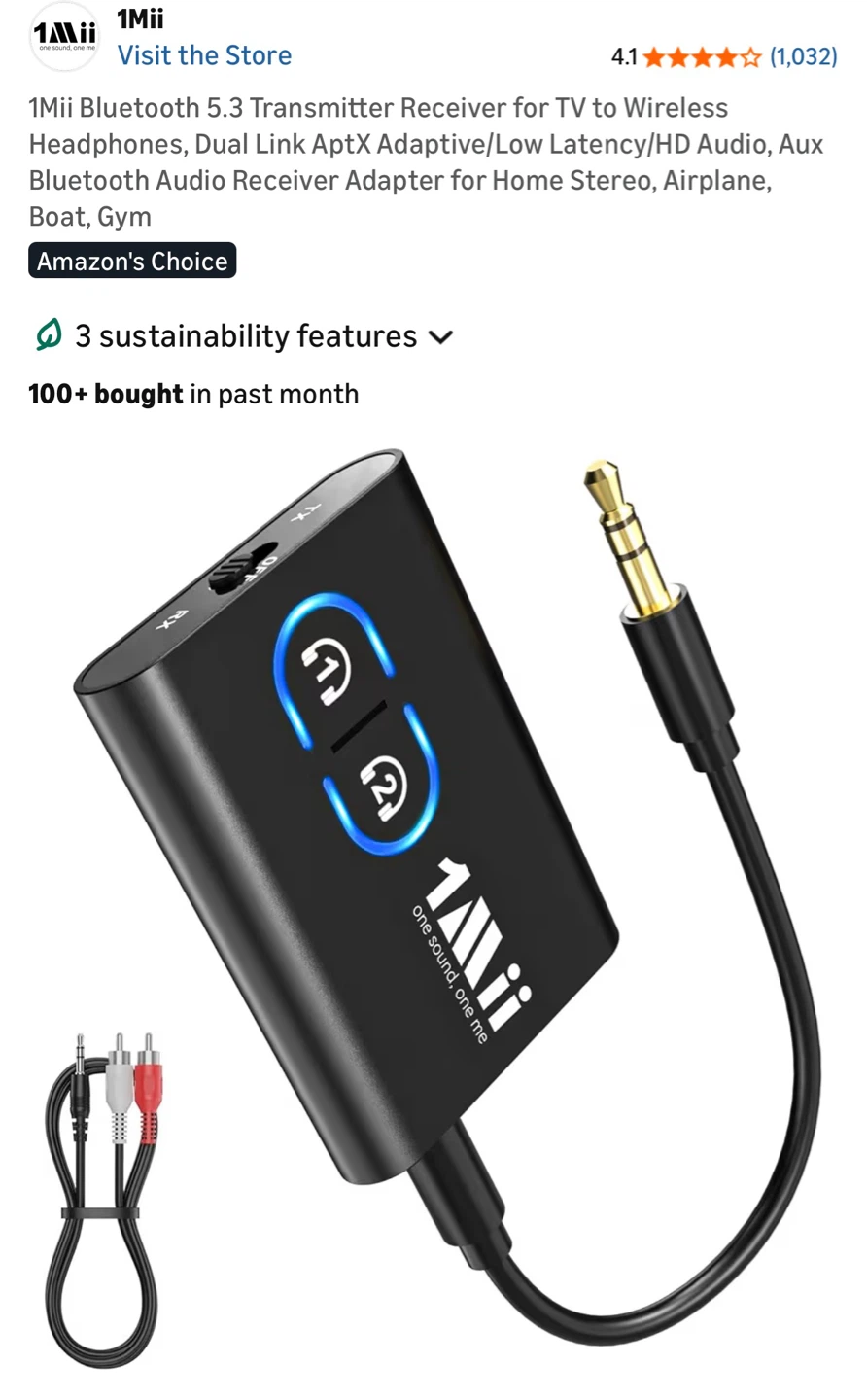 1Mii Bluetooth 5.3 Transmitter Receiver for TV to Wireless