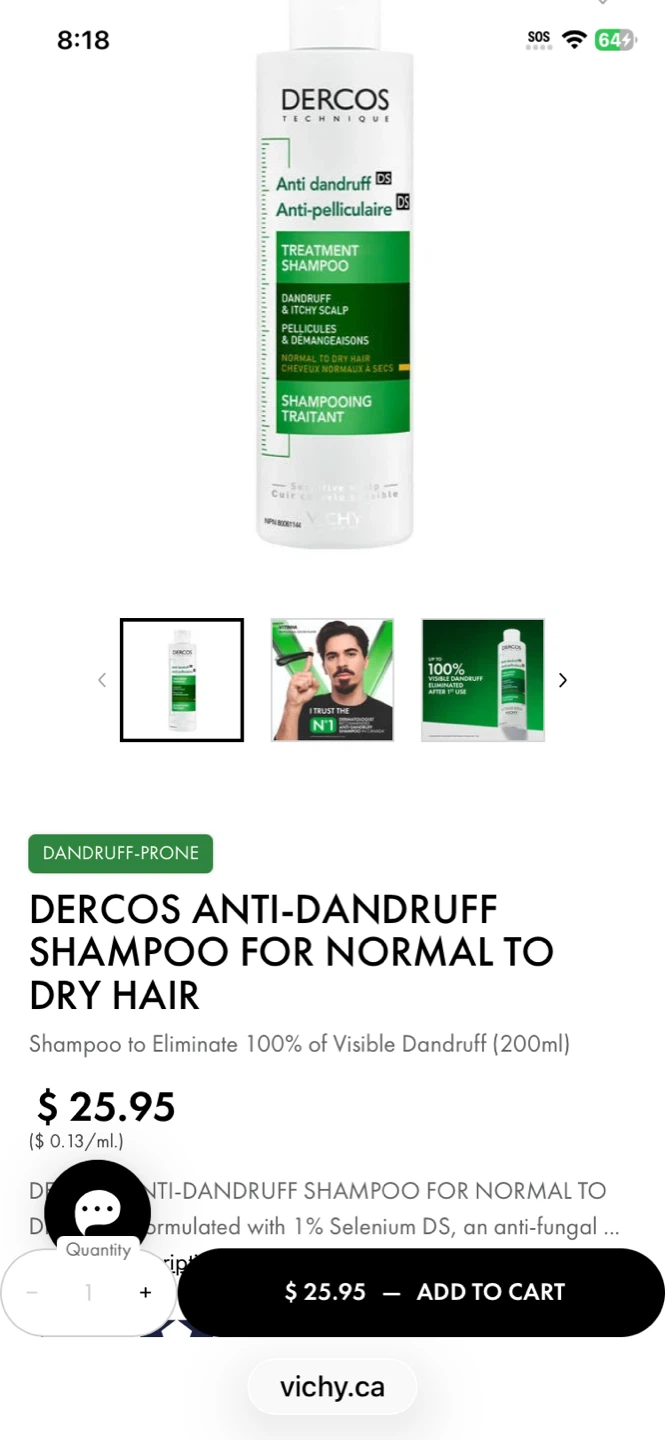 NEW IN BOX Vichy Dercos Anti-Dandruff Treatment Shampoo