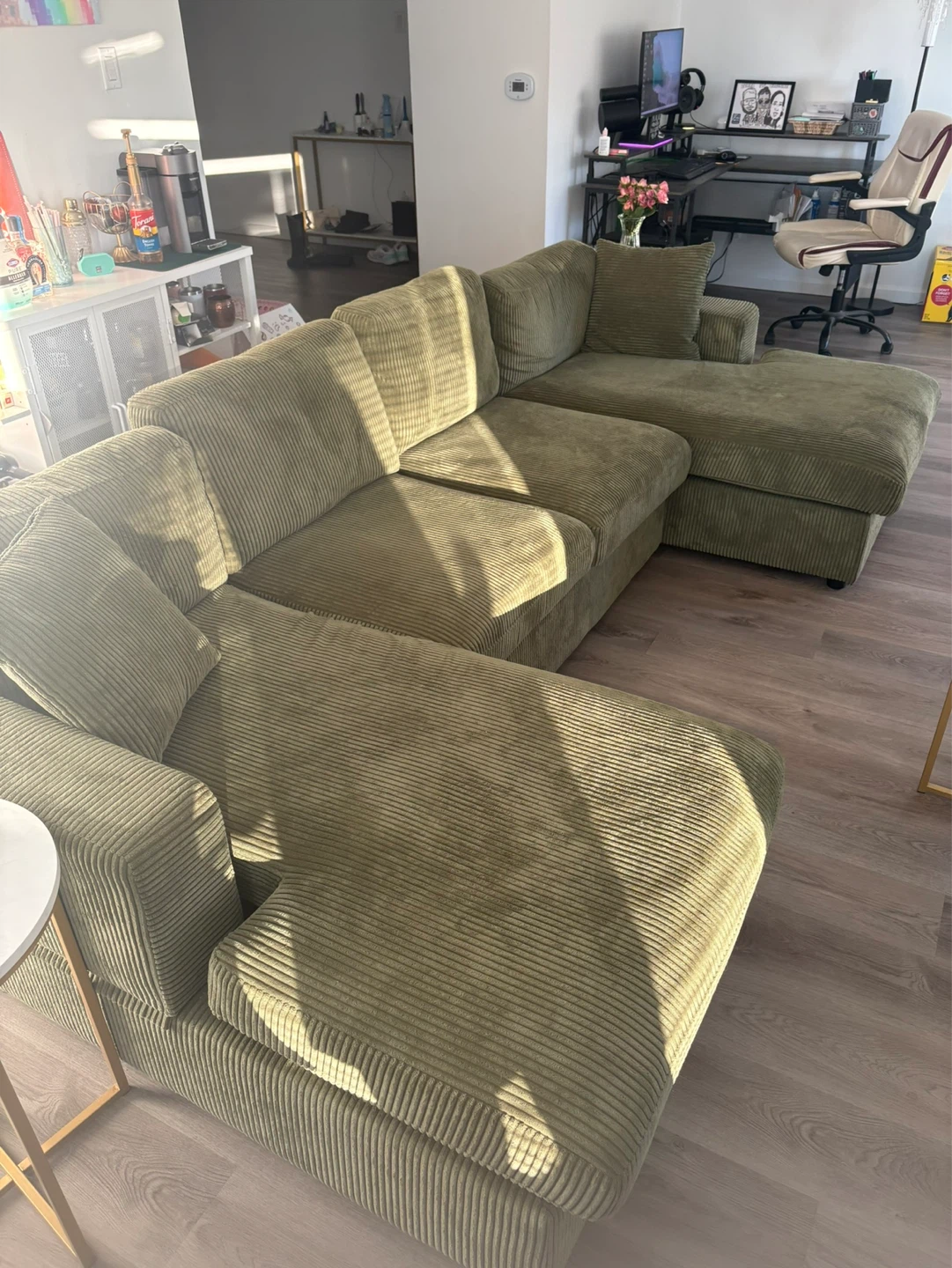 Big comfy green corduroy couch